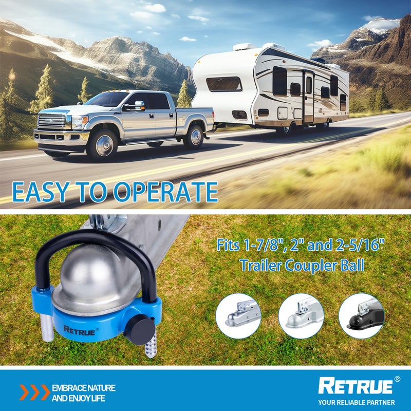 RETRUE Universal Trailer Ball Lock Hitch Coupler Locks Fits 1-7/8 Inch, 2 Inch, 2-5/16 Inch Couplers Adjustable Security with Weatherproof Cover and Cap, Blue - Image 3